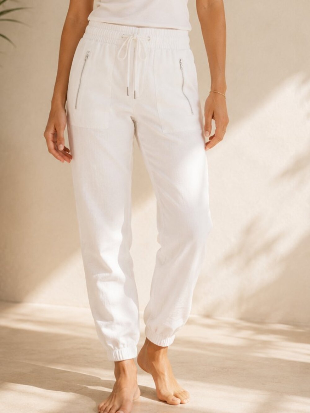 Athleta Cabo Linen High Rise Jogger White Drawstring Pants Size 4